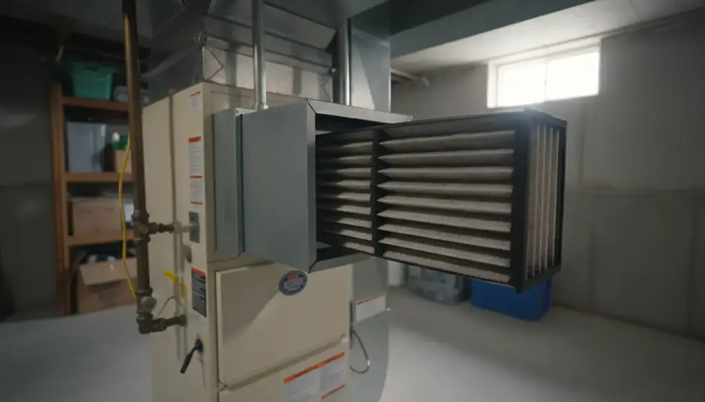 A media air cleaner cabinet on the return side of a residential furnace